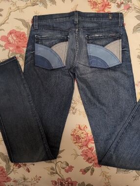 7 For All Mankind Dark Blue Skinny Jeans with Light Blue & Gray Pocket Panels